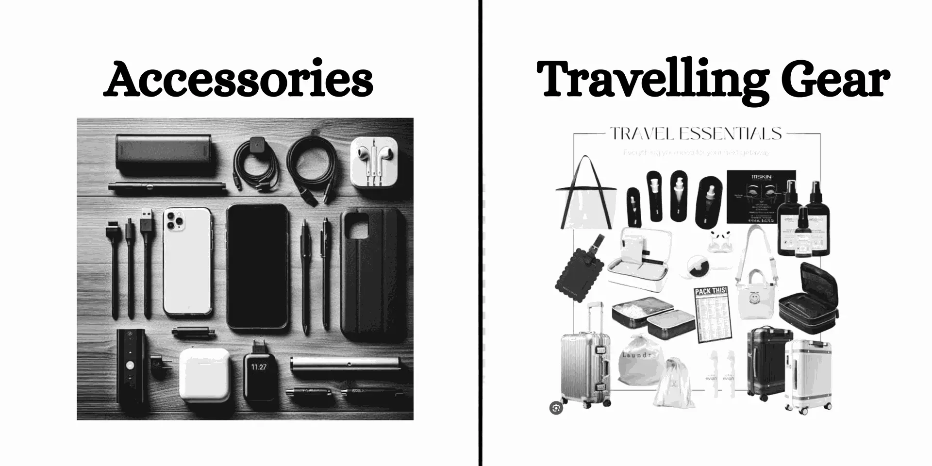 The image presents a split-screen comparison of two categories: 'Accessories' and 'Travelling Gear'. The 'Accessories' section features a black-and-white photo of various tech items like phones, chargers, and earbuds on a wooden surface. The 'Travelling Gear' section displays a collection of travel essentials including luggage, toiletries, and packing aids with a 'TRAVEL ESSENTIALS' label